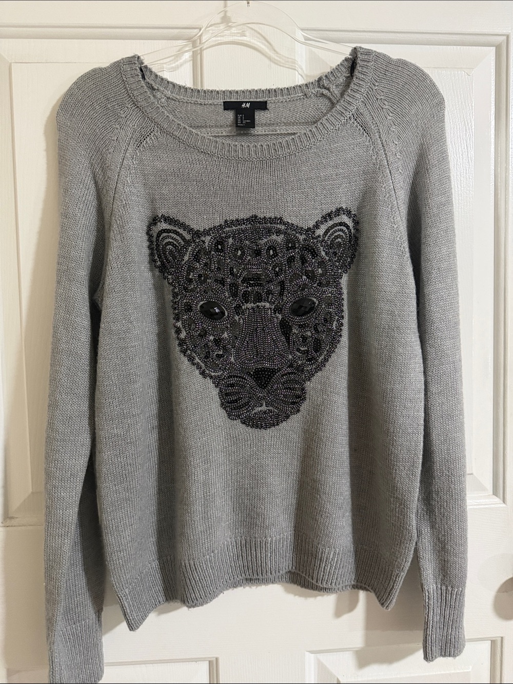 H&M Gray Beaded Leopard Face Crewneck Sweater